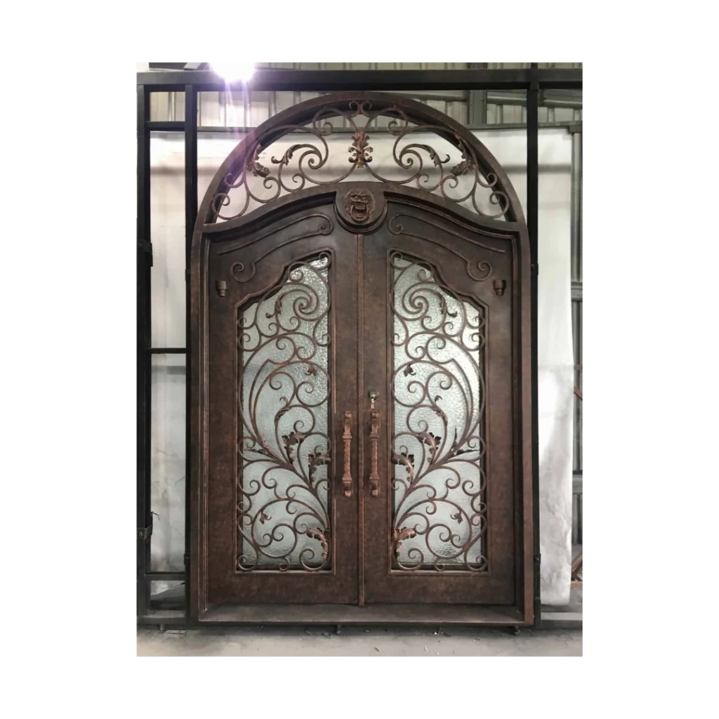 Full arch wrought iron double door with ornate scroll grille and decorative glass, EL1387 MCD