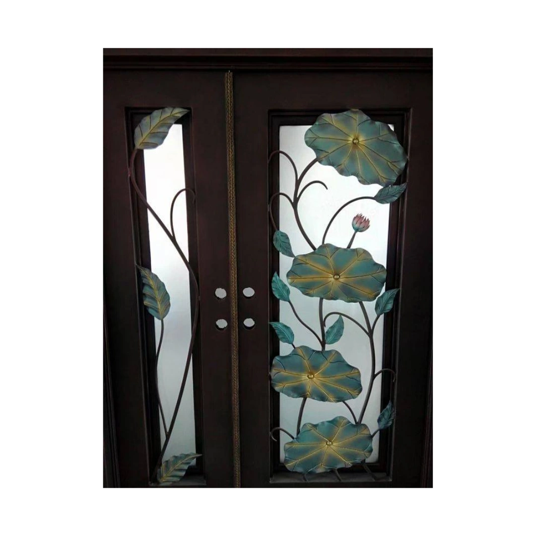 Wrought iron double door with custom floral art glass panels, EL1394 MCD