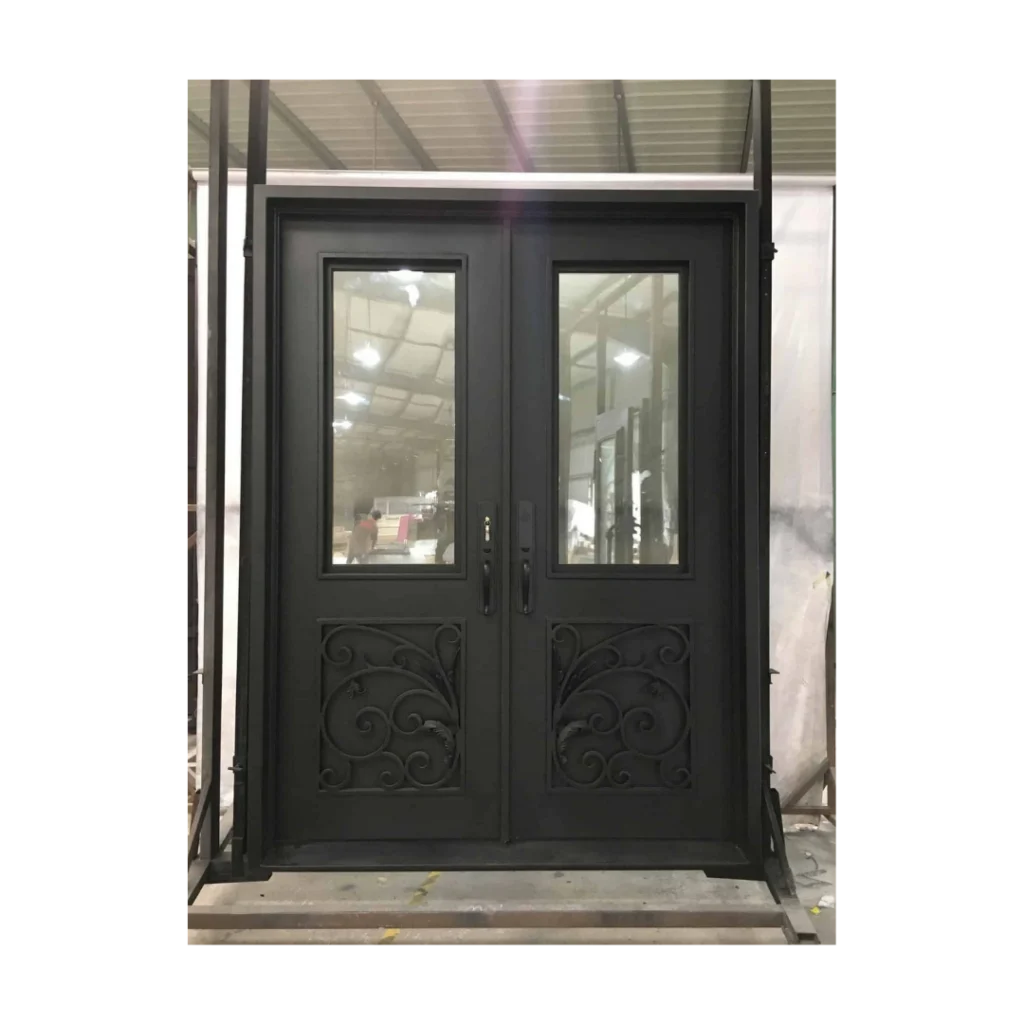 Vertical lite wrought iron double door EL1403 MCD with clear insulated glass and iron mullions