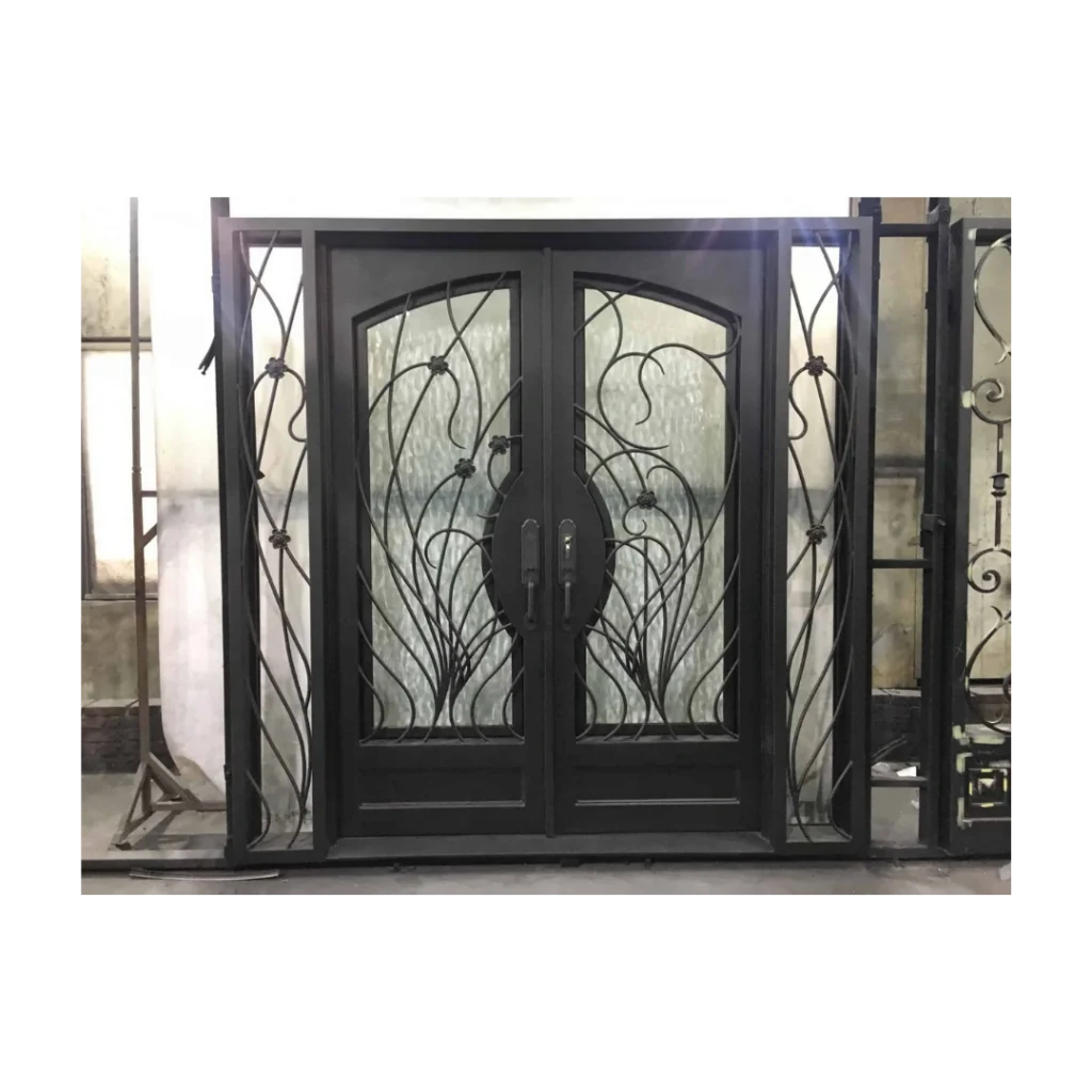 Organic grille wrought iron double door EL1404 MCD with flowing iron patterns and clear glass