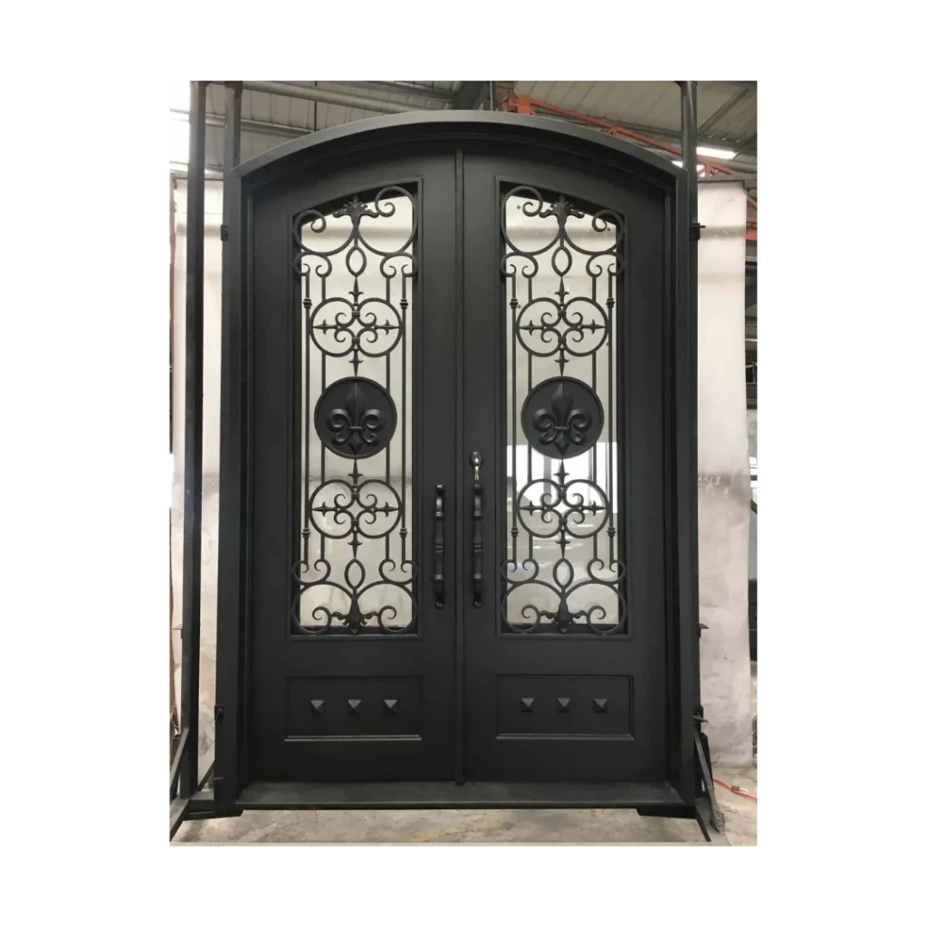 Ornate wrought iron double door with forged medallions EL1406 MCD by Monarch Custom Doors