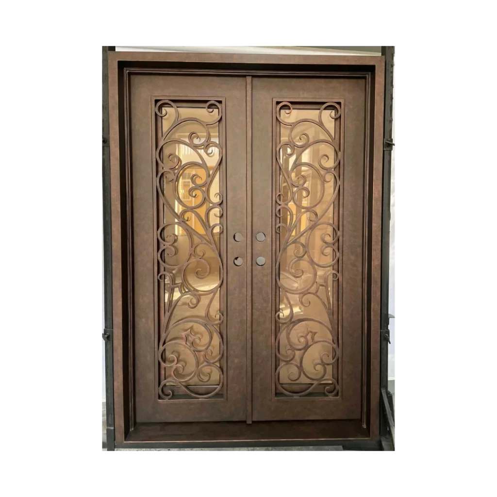 Hand-forged scroll panel wrought iron double door EL1419 MCD with insulated glass and custom ironwork