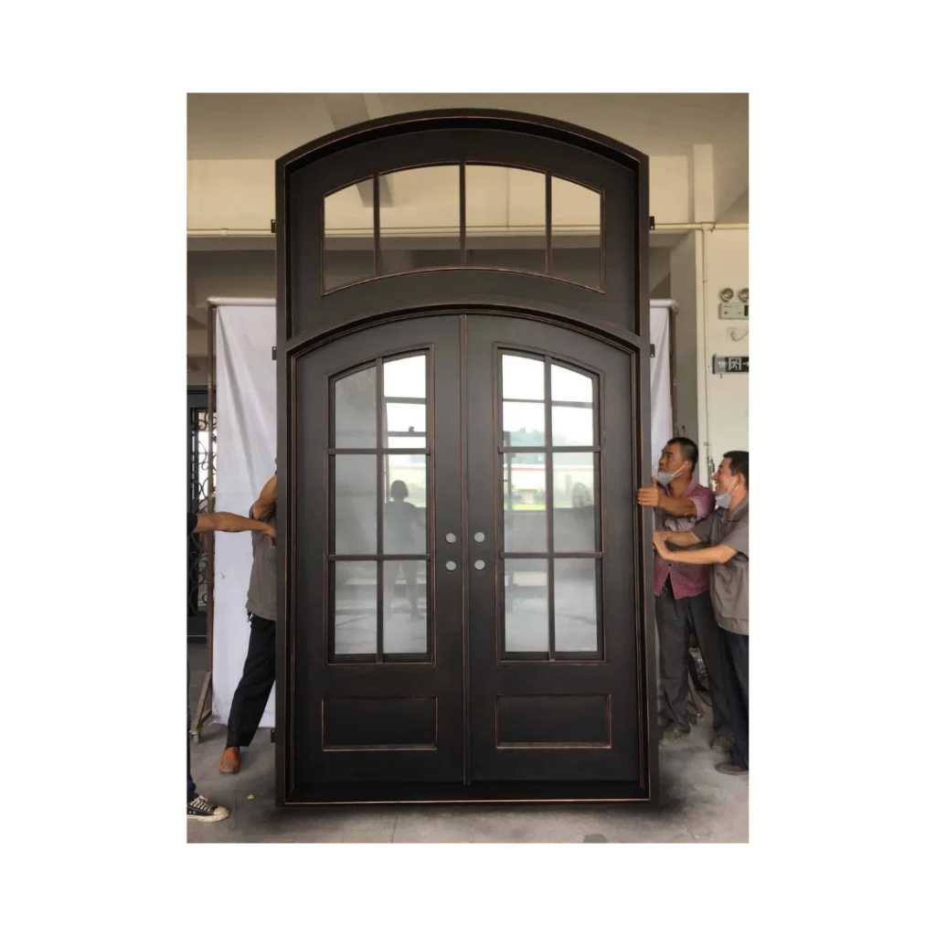 Grand arch wrought iron double door EL1425 MCD with divided glass lites and full arch iron frame by Monarch Custom Doors