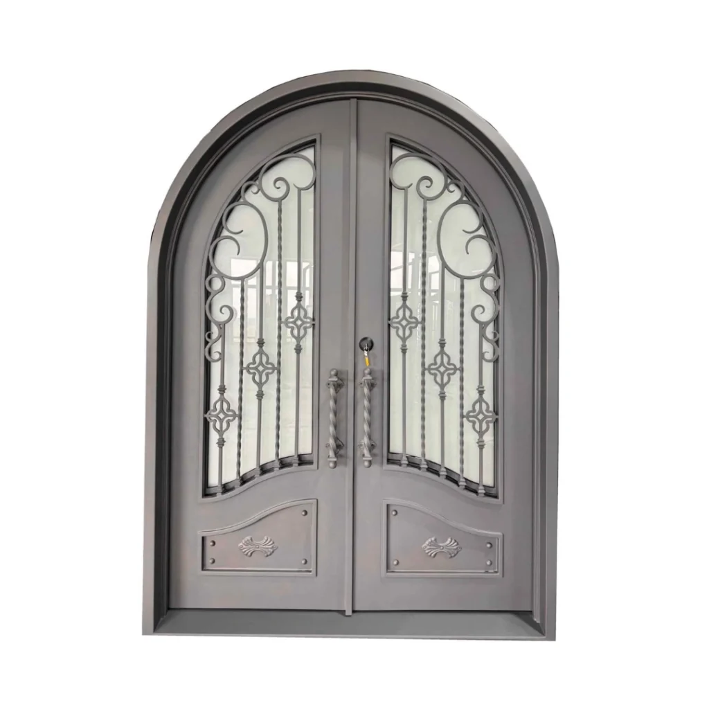 EL1451 MCD arched wrought iron double door with hand forged scrollwork and insulated glass