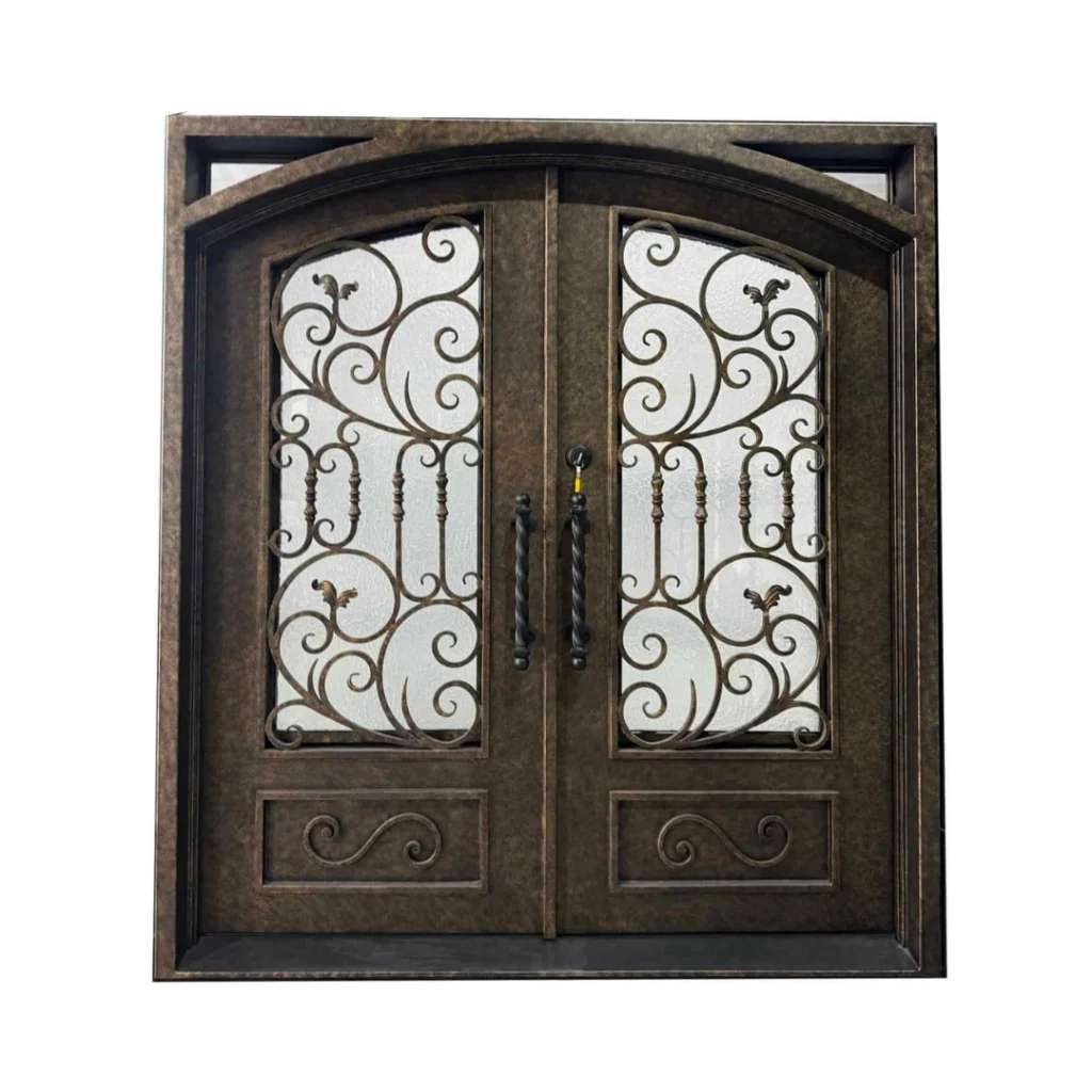 EL1463 MCD full arch wrought iron double door with decorative scrollwork and insulated glass panels