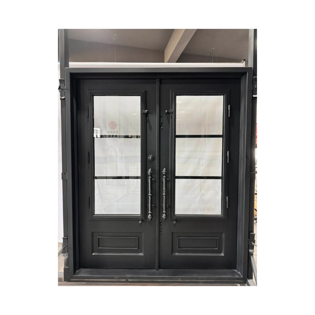 EL1571 MCD modern double wrought iron door with rectangular insulated glass panels and solid lower panels