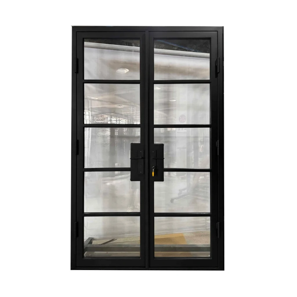 EL1578 MCD double wrought iron door with industrial grid lite glass and black frame