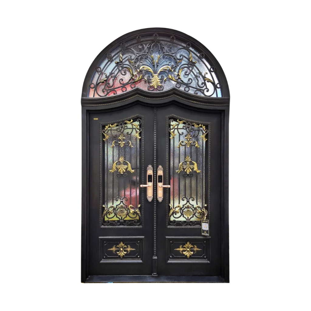 EL1583 MCD arched double iron door with royal crest scrollwork, gold accents and insulated glass panels