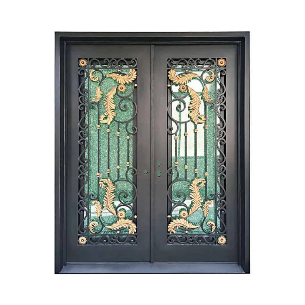 EL1594 MCD double wrought iron door with gold leaf scroll grille and insulated textured glass panels