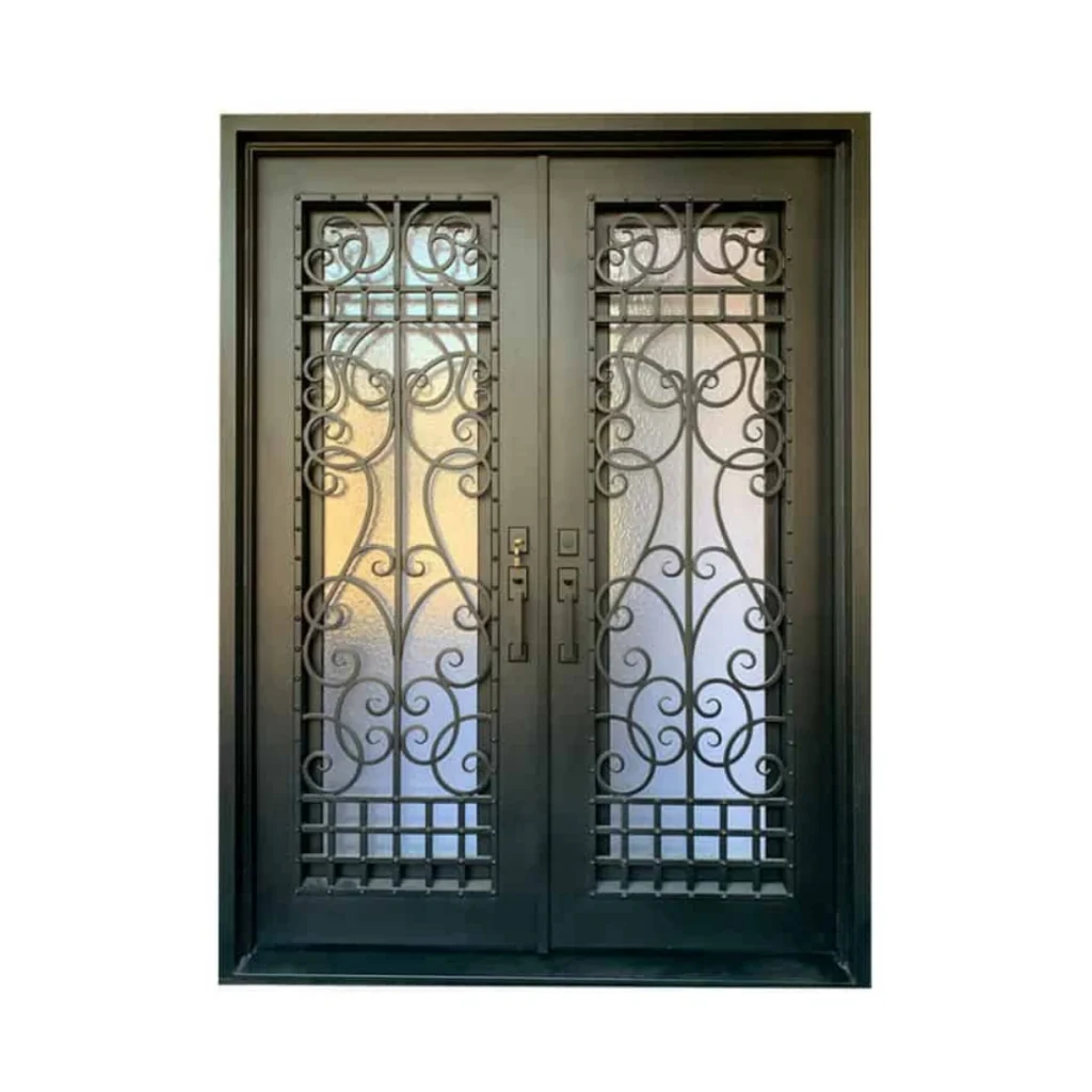EL1598 MCD double wrought iron door with classic scroll grille panels and insulated glass inserts