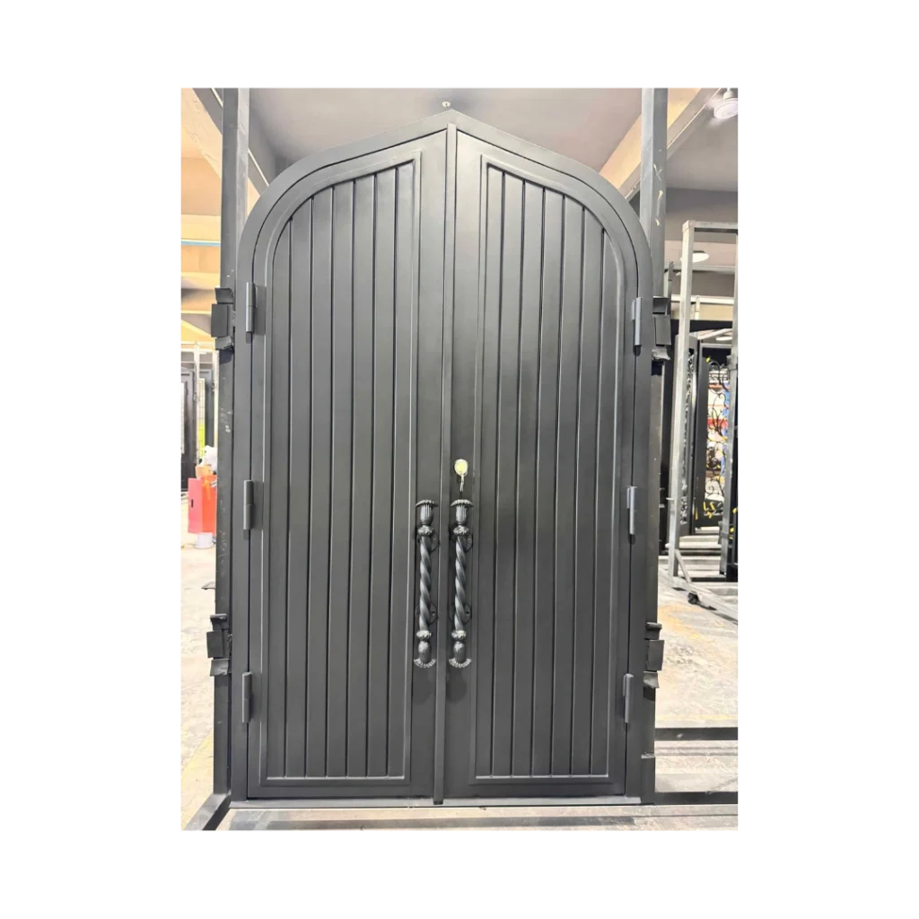 EL1601 MCD arched double wrought iron door with vertical plank steel panels and heavy-duty hinge construction
