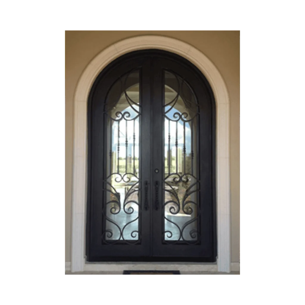 EL5057 MCD arched double wrought iron door with curved scroll grille and insulated glass panels