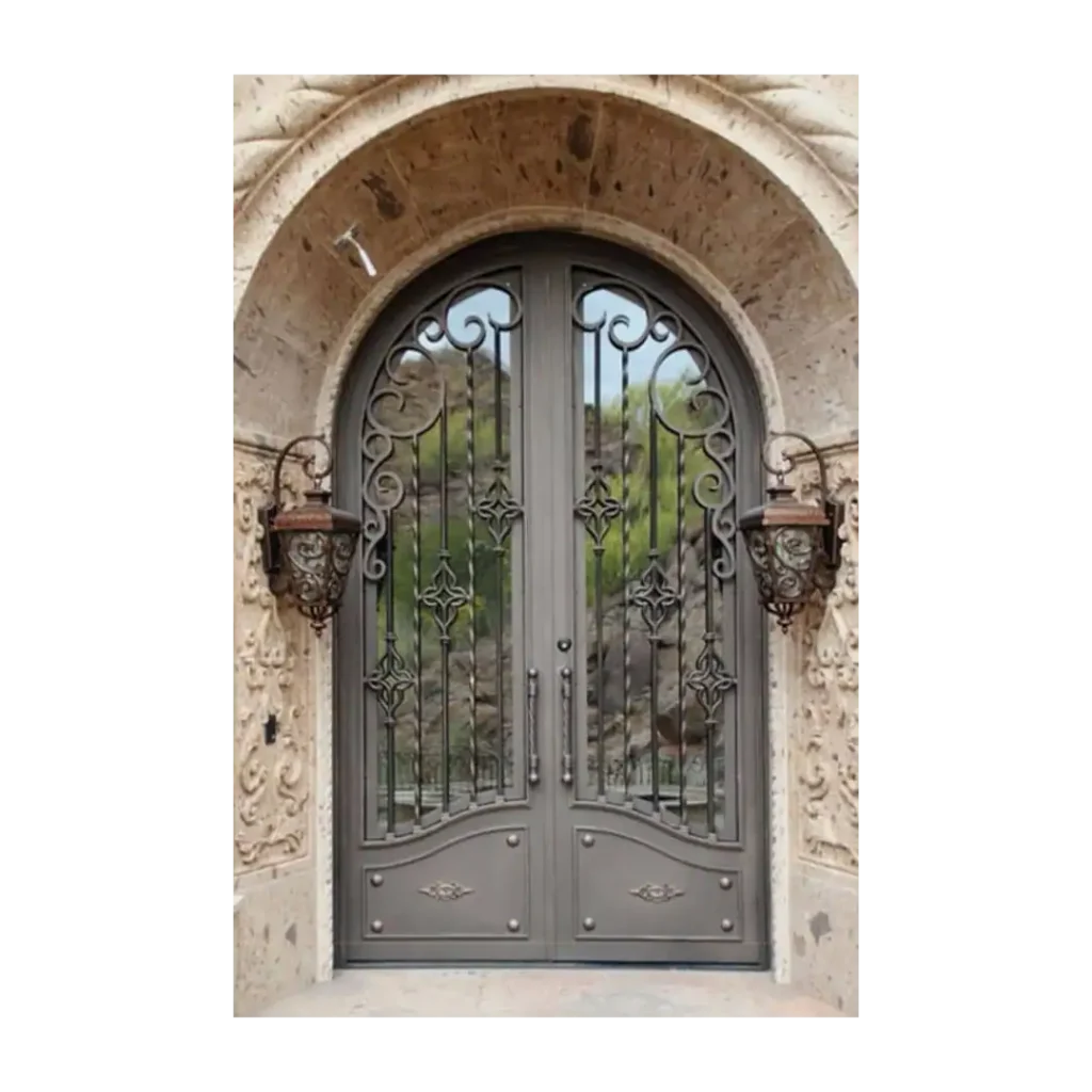 Double arched wrought iron door EL1008 MCD with floral scrollwork and glass panels, handcrafted for elegance and security.