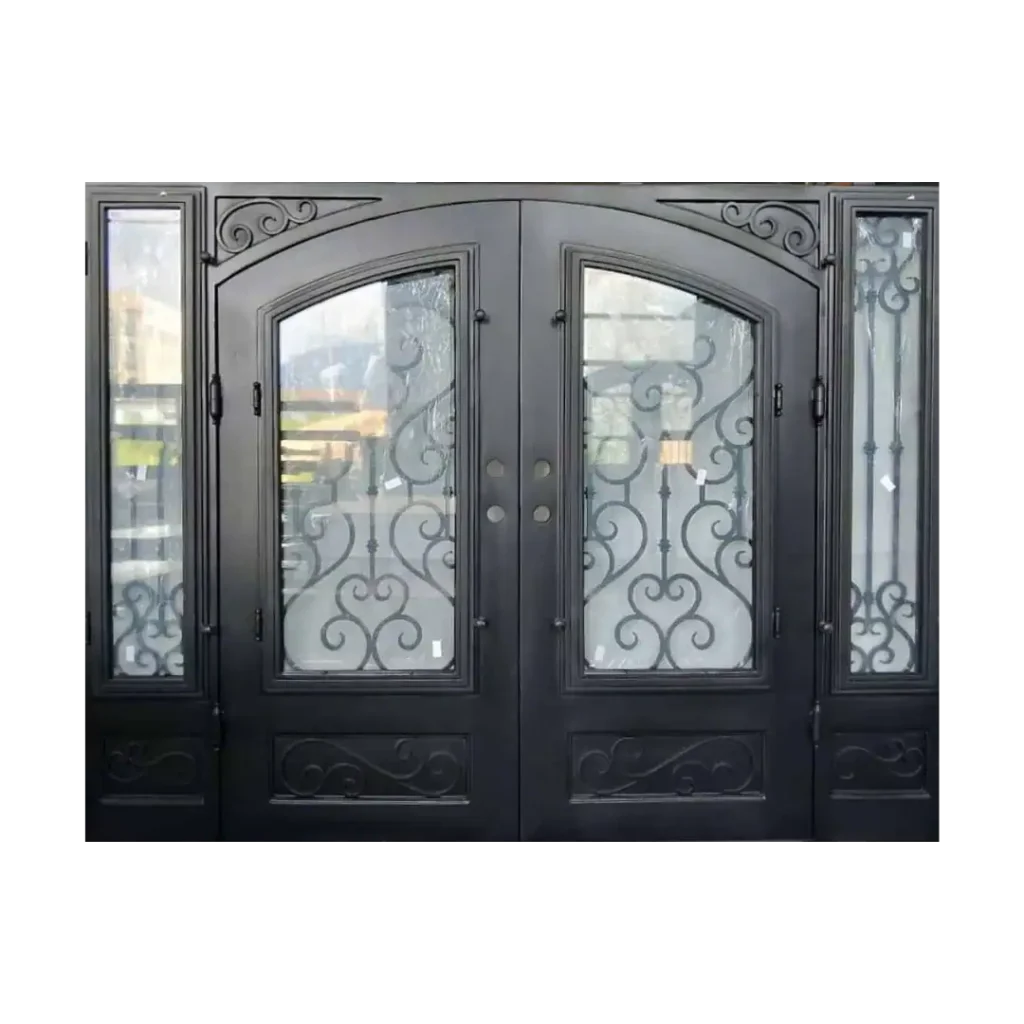 Double wrought iron door EL1012 MCD with arched glass panels and scrollwork, handcrafted for strength and timeless elegance.