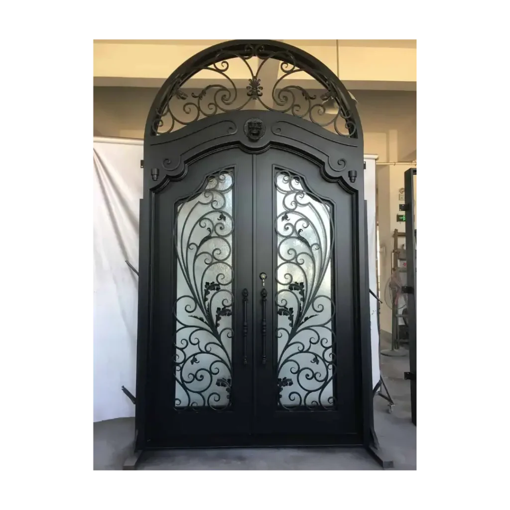 Double arched wrought iron door EL1046-2 MCD with ornate transom and scrollwork, handcrafted for elegance and security.