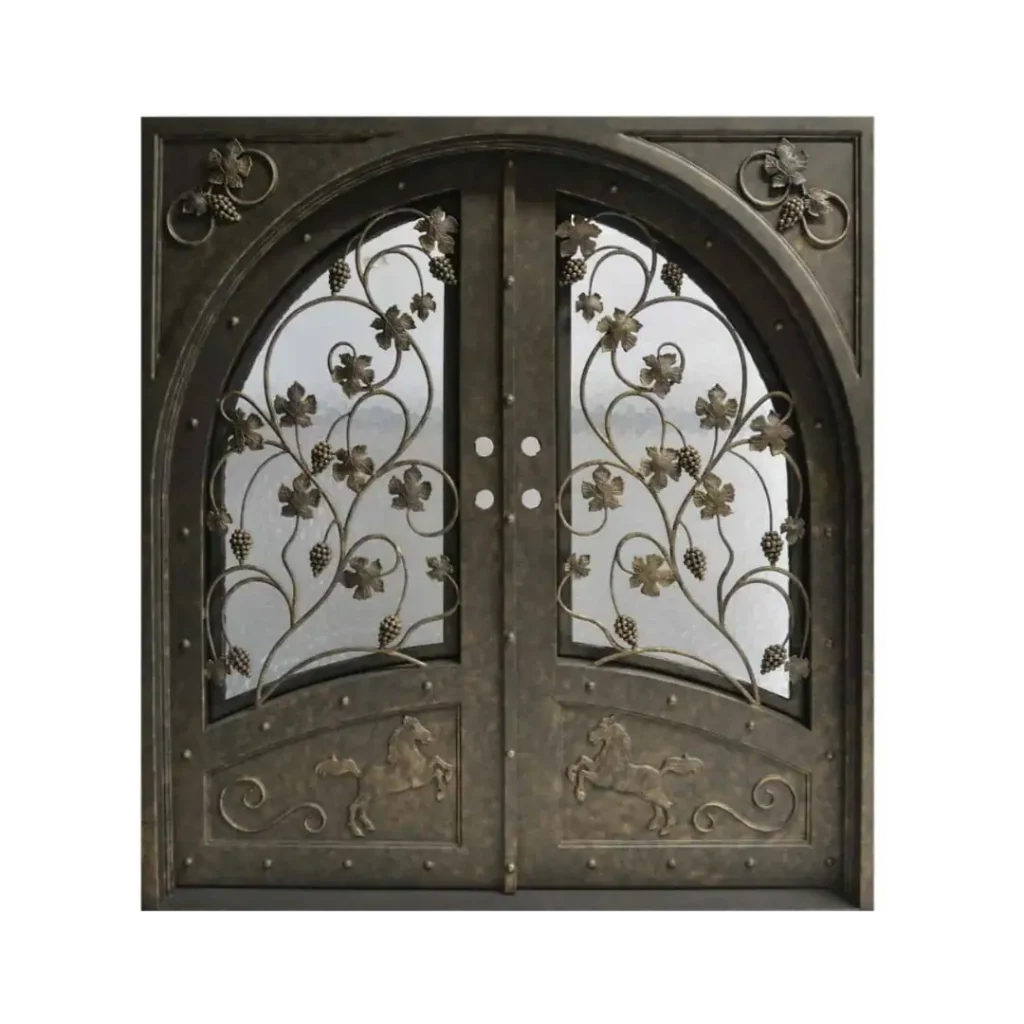 EL1027 MCD Elegant Kentucky Derby inspired wrought iron door with glass panels, handcrafted for strength and elegance.