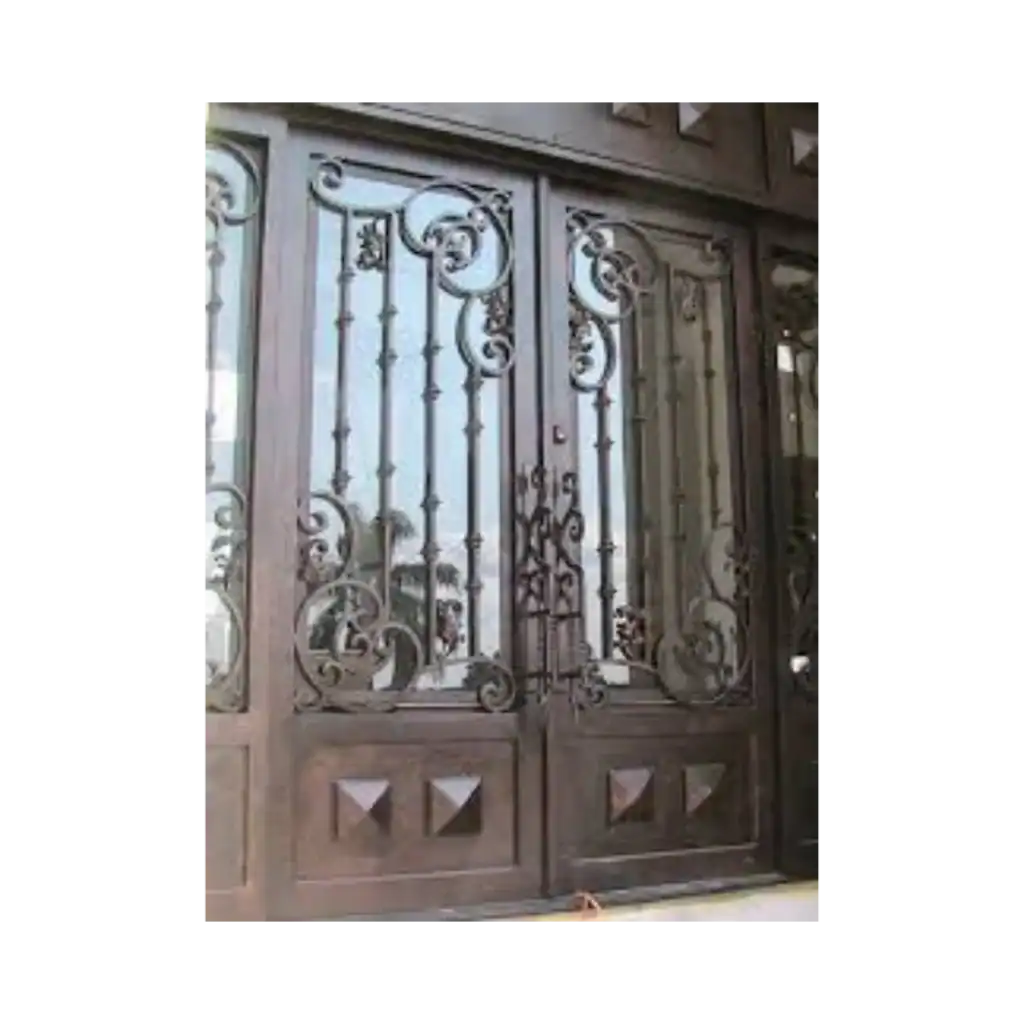 Double wrought iron door EL1041 MCD with scroll panels and raised accents, handcrafted for durability and elegance.
