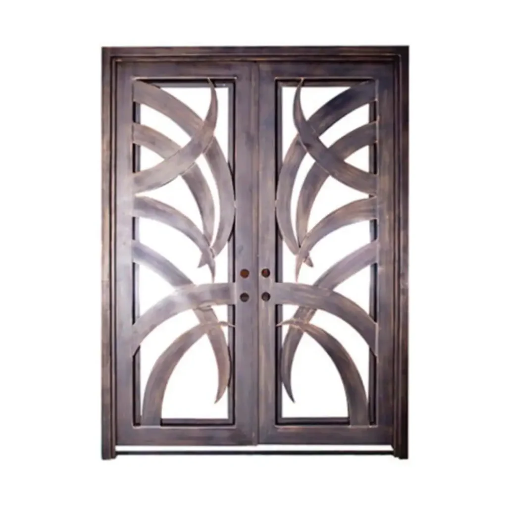 Double wrought iron door EL1042 MCD with abstract curved iron and glass, handcrafted for modern artistry and strength.