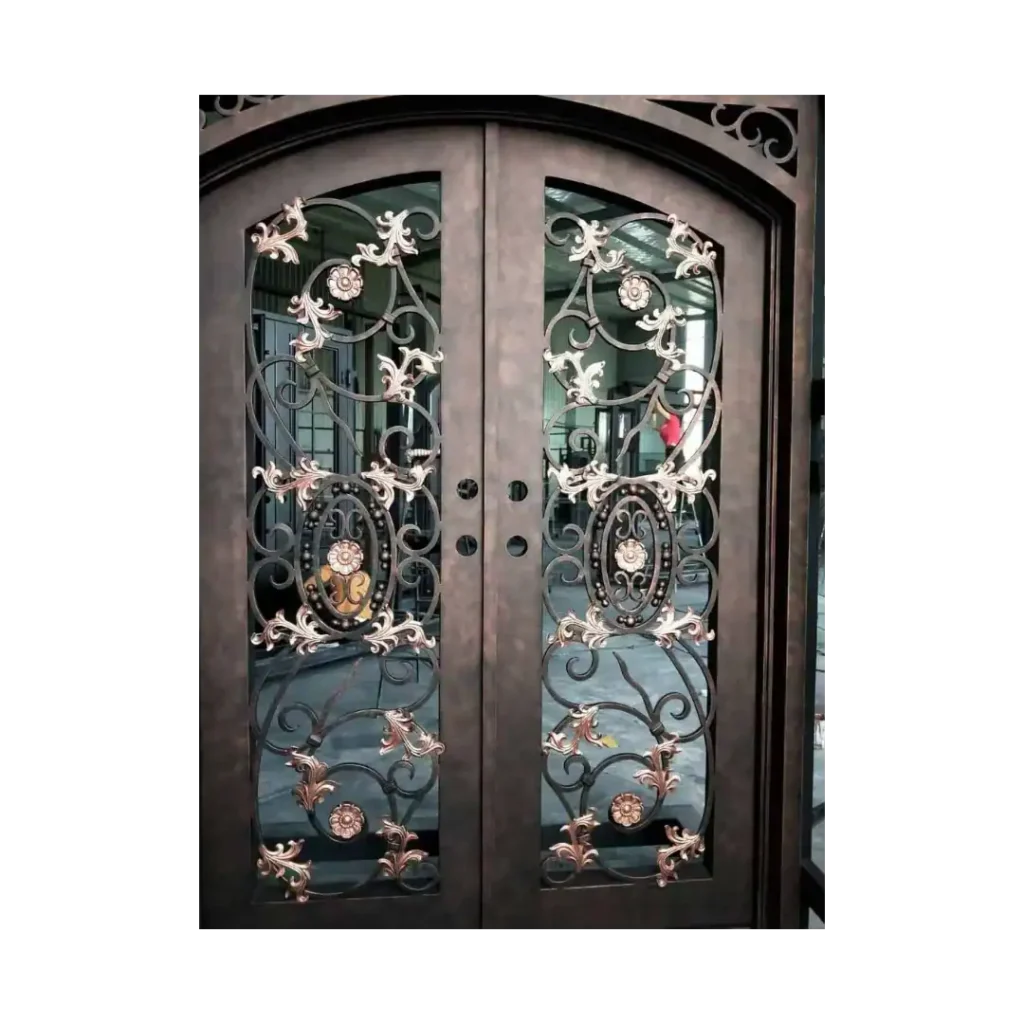 EL1043 MCD Elite Style wrought iron door with ornate scrollwork and glass panels, offering durability, elegance, and secure design.