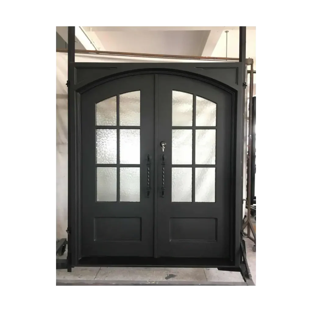 Double wrought iron door EL1044 MCD with square glass grid, modern durable design for secure and elegant entry.