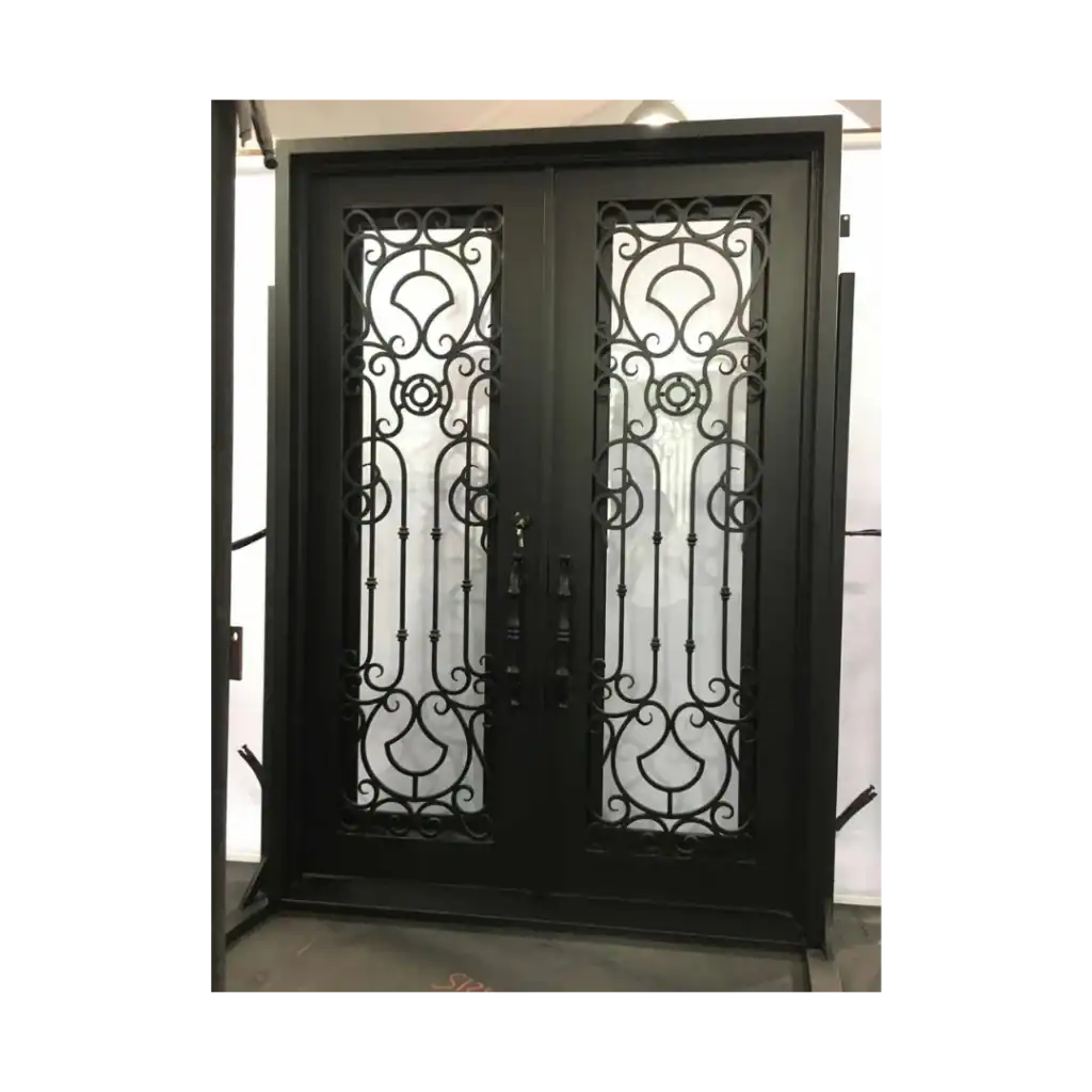 Double wrought iron door EL1053 MCD with elegant scroll panels, crafted for strength, artistry, and secure entry design.