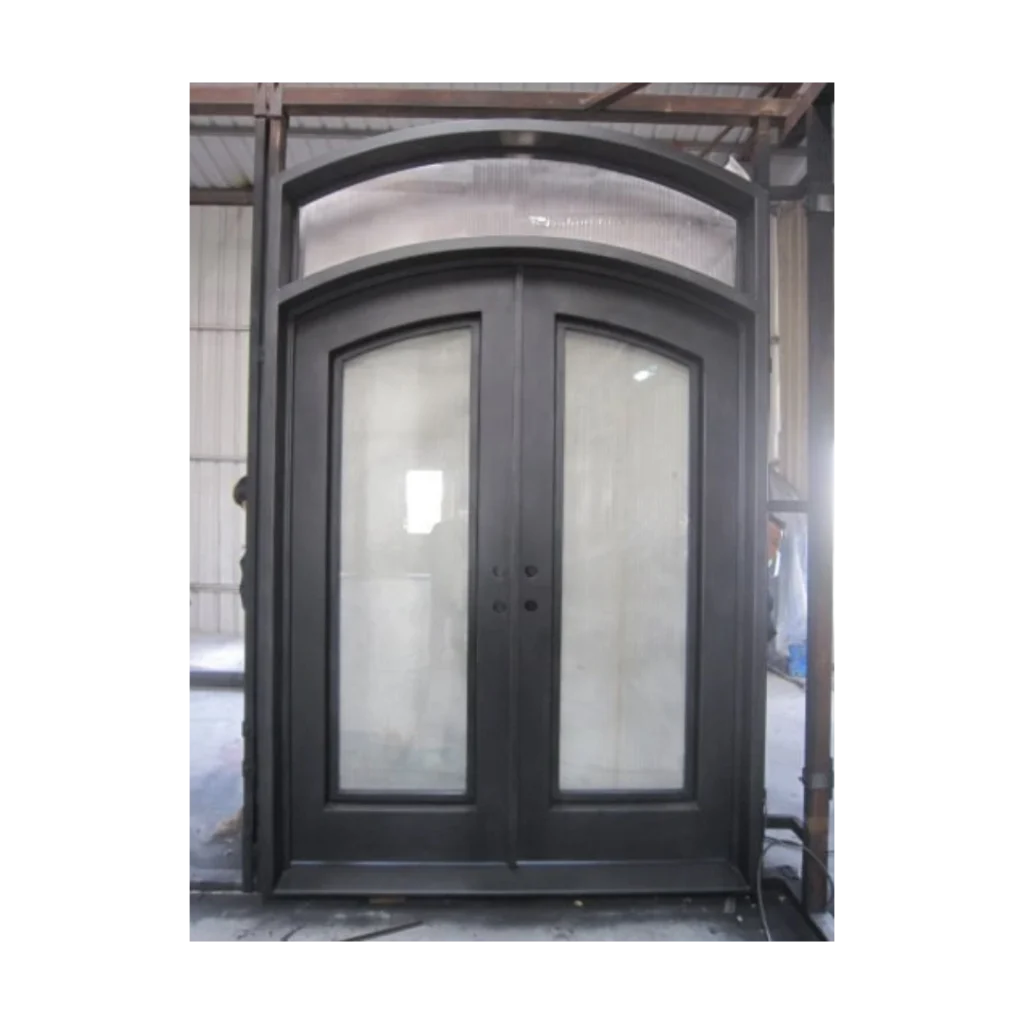 Double arched wrought iron door EL1081 MCD with wide glass panels, handcrafted for durability and modern elegance.