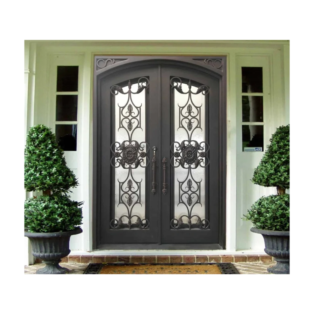 Double arched wrought iron door EL1094 MCD with ornate scrollwork and mullion details, handcrafted for luxury strength and style.