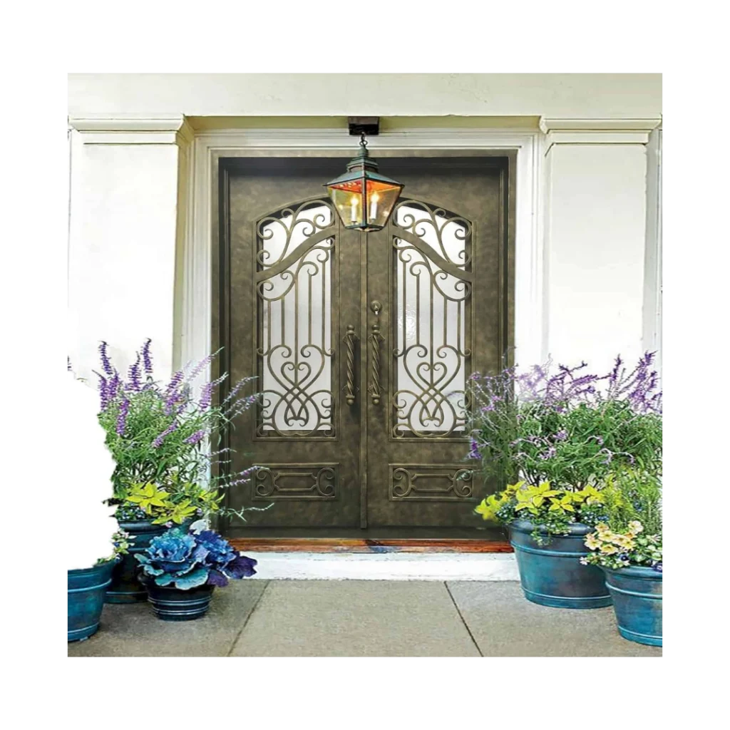 Double wrought iron door EL1096 MCD with scrollwork and textured glass, handcrafted for elegance, privacy, and durability.