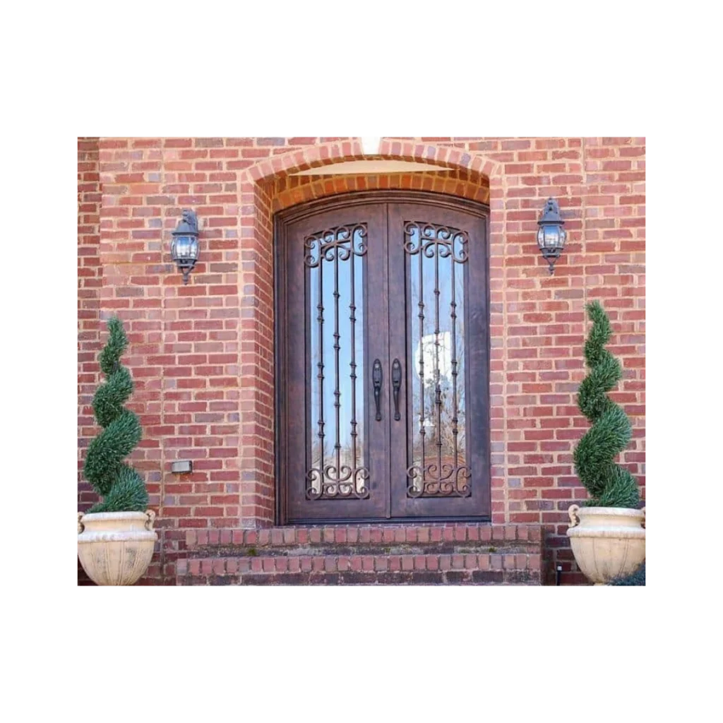 Double wrought iron door EL1105 MCD with grille and mullion details, hand-forged for elegance and strength.