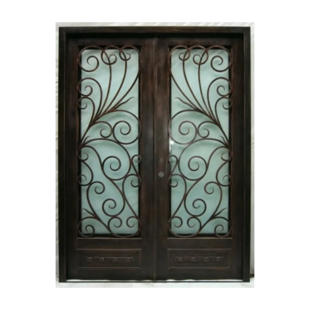 Contemporary wrought iron door EL984 MCD with flowing scrollwork and rectangular frame, handcrafted for elegance.