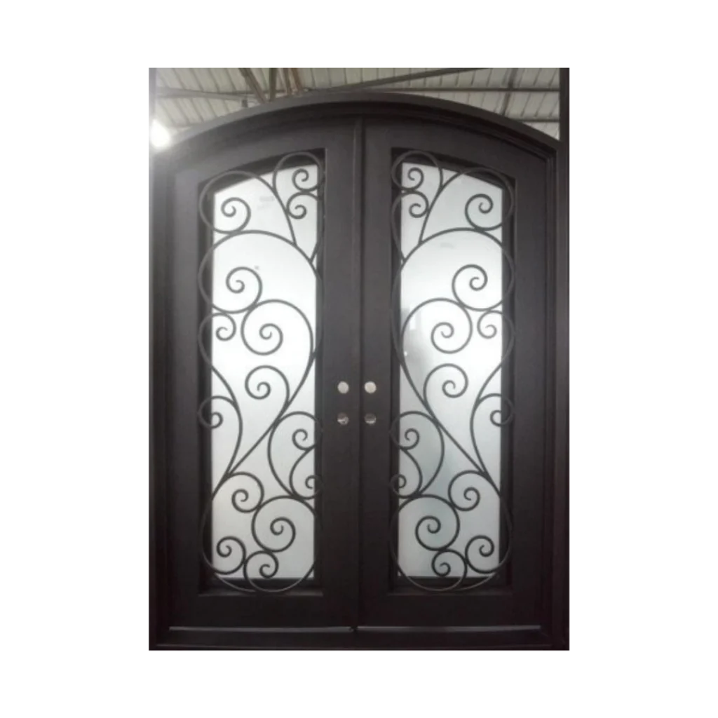 Double arched wrought iron door EL990 MCD with scrollwork and frosted glass, handcrafted for strength and luxury appeal.