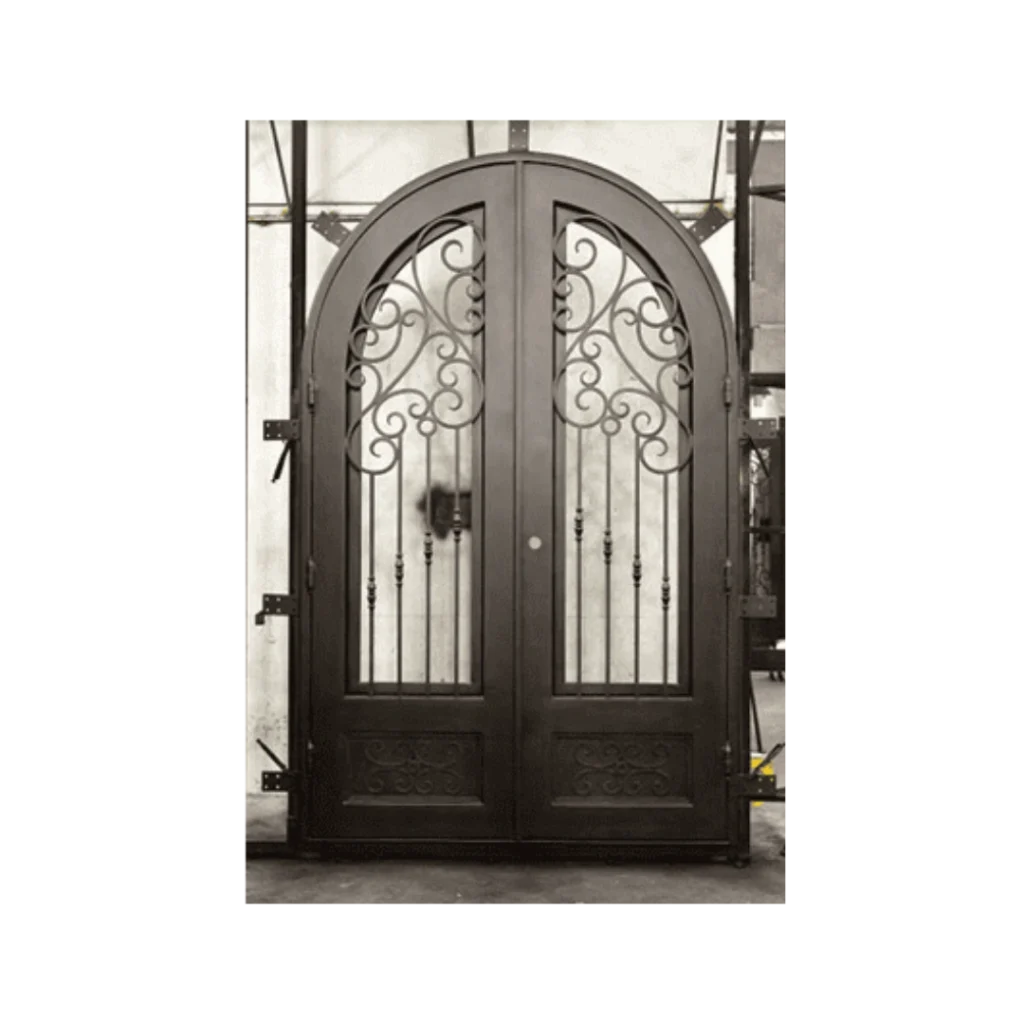 Double arched wrought iron door EL995 MCD with scrollwork and grille, handcrafted for strength and elegant design.