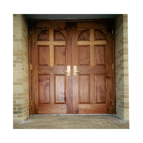 Solid wood church door EX7034 MCD with carved cross panels and arched top