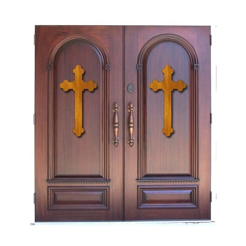 Double wood church door EX7035 MCD with golden cross inlays and arched panels