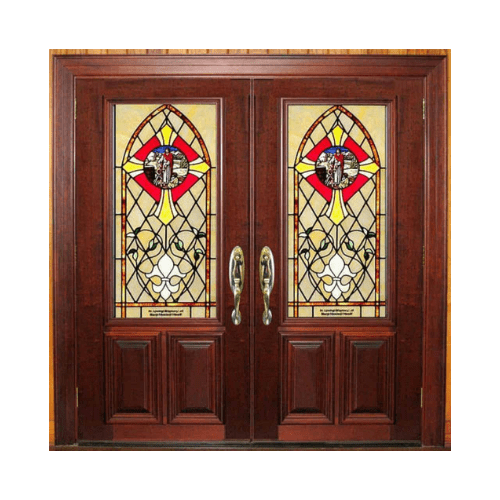 Traditional religious stained-glass wood church door EX7038 MCD with religious motifs and Gothic tracery