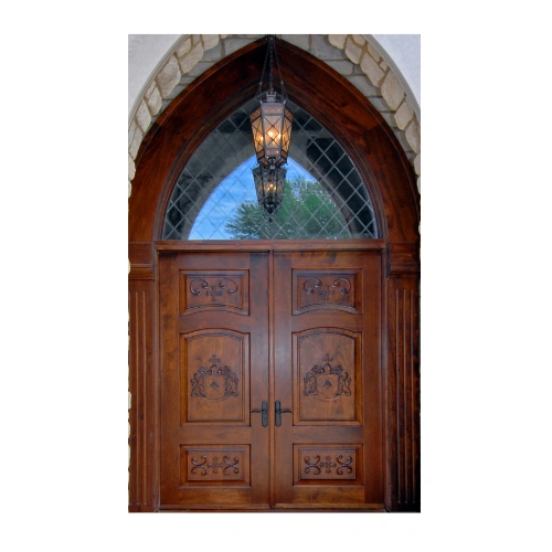 Modern wood church door EX7037 MCD with colorful stained glass mosaic
