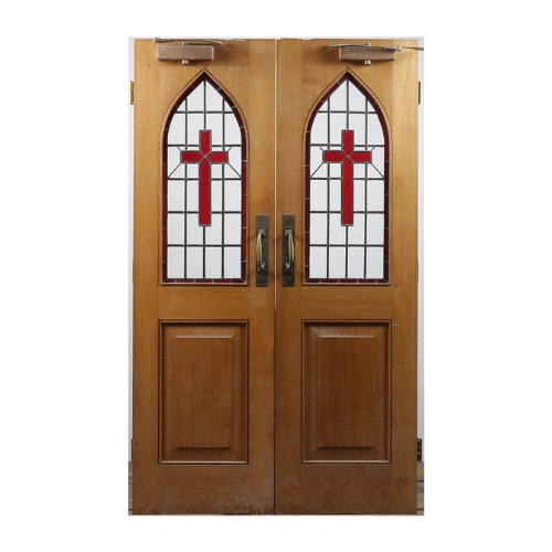 Double wood church door EX7042 MCD with red cross stained-glass panels